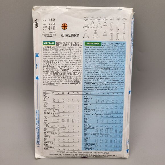 Butterick Fast Easy Top Skirt Pants Leggings Sewing Pattern 5664 Child Size 4-6 - Picture 3 of 3